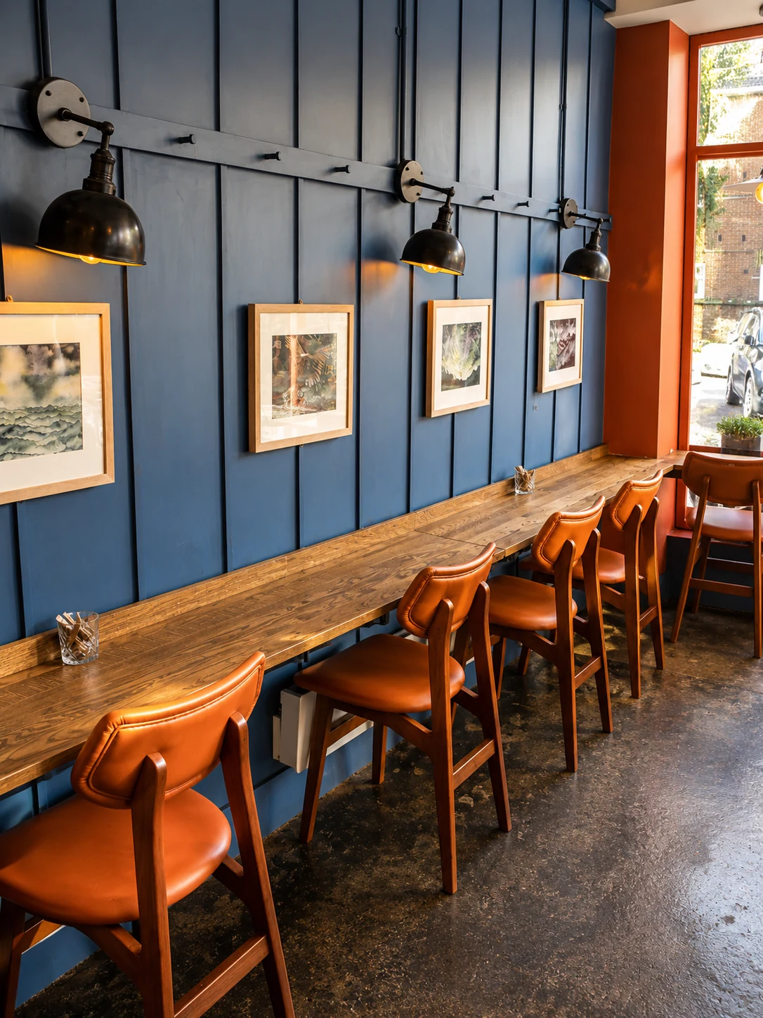 The Common Beaver interior with blue wall, artwork and counter seating